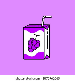 Grape juice with paper box package and straw vector illustration isolated on purple background. Linear color style of grape juice icon