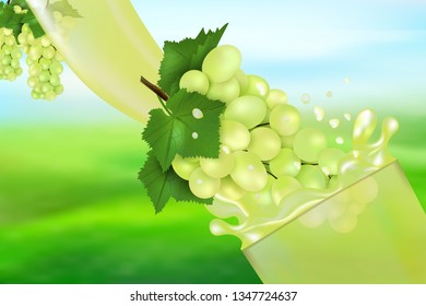 Grape juice and splash. Flow of liquid with drops and sweet fruit 3d realistic vector illustration, package design or poster, advertising.