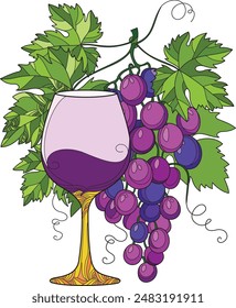 Grape Juice Vector Illustration. Drink Vector Illustration. Grape Juice With Leaves Vector. Detailed Graphic Juice Abstract Art.