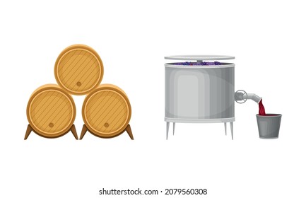 Grape Juice in Wooden Barrel and Metal Tank for Berry Crushing and Squeezing Vector Set