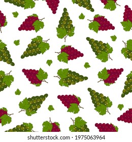 Grape juicy summer seamless pattern with a picture of ripe red green grapes with green leaves. Summer print. Vector illustration on white background.