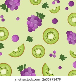 Uva e kiwi padrão sem costura. Ilustração de comida saudável. Pode ser usado para papel de parede, papel de embrulho, tecido de moda e item de cozinha