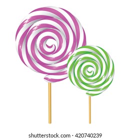 Grape and Kiwi Twisted Lollipops Isolated on White. Purple and Green Spiral Candies. Low Poly Realistic Vector illustration.