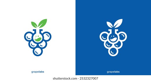 Logo de laboratorio de uva. Frutas de uva y vidrio de laboratorio con estilo minimalista. Logo de laboratorio de uva, ícono, símbolo, Vector, Inspiración de diseño.