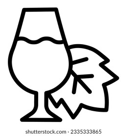 Grape leaf and a glass of wine line icon. Full wineglass with leaf outline style pictogram on white background. Winery signs for mobile concept and web design. Vector graphics