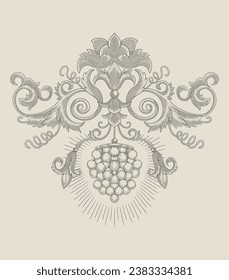 Grape with leaf ornament vintage, Antique design engraving vector illustration