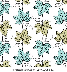 Patrón de hojas de uva, colores pastel azul y verde, vid sobre fondo blanco. Ilustración vectorial