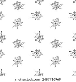 Grape leaves seamless pattern on white background, contour doodle drawing of grapevine.