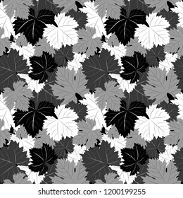 Grape leaves seamless pattern in white, gray and black colors on black ground