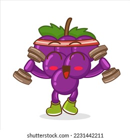 grape lifting dumbbell vector. cartoon character