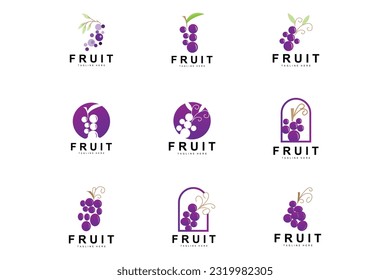 Logotipo de uva, Vector de frutas de granja, Diseño de frutas púrpura frescas, Icono de productos de uva, Tienda de frutas