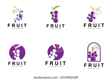 Logotipo de uva, Vector de frutas de granja, Diseño de frutas púrpura frescas, Icono de productos de uva, Tienda de frutas