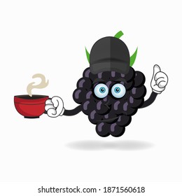 Grape mascot character holding a hot cup of coffee. vector illustration