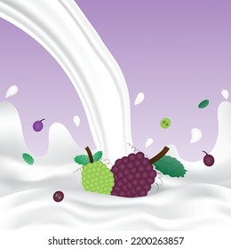 Grape milk splash with white splashing liquid. Pouring grape milk on purple background. Fruit drink and organic dairy free vegan milk. Creative design vector illustration with empty space.