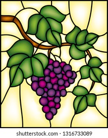 Grape on vine, stained glass window, vector