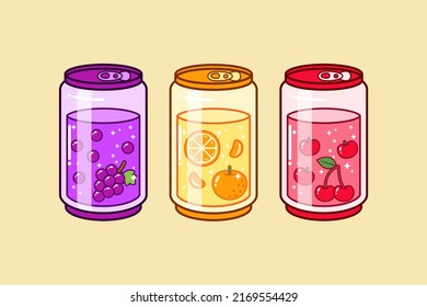 Grape, Orange, And Apple Soda Can Crystal Glass Drawing Illustration Vector