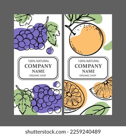 GRAPE ORANGE ETIKETTEN Design von Aufklebern für den Shop von tropischen natürlichen frischen saftigen Früchten und Dessertgetränken im Vektorgrafik-Set nach Skizze