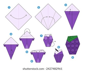 Grape origami scheme tutorial moving model. Origami berry for kids. Step by step how to make paper fruit. Vector illustration.