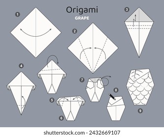 Grape origami scheme tutorial moving model. Origami berry for kids. Step by step how to make paper fruit. Vector illustration.