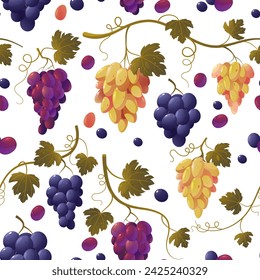 Patrón de uva. Impresión inconsútil de racimo de uvas verdes, textura vintage de la fruta de la vid del vino, fondo natural de la comida. Ilustración vectorial de uva fresca patrón, papel pintado gráfico fruta