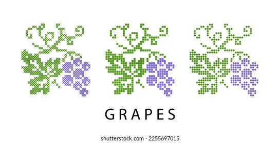 Grape pixel art isolated vector icon, sign, logo. Illustration of grape for wine label or juice. Pixel art, vyshyvanka, cross stitch, dots.