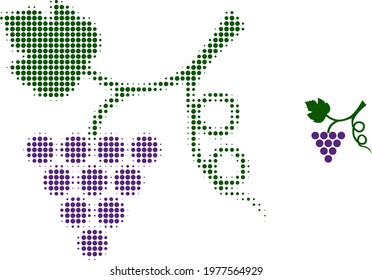 Grape plant halftone dotted icon illustration. Halftone array contains circle pixels. Vector illustration of grape plant icon on a white background. Flat abstraction for grape plant object.