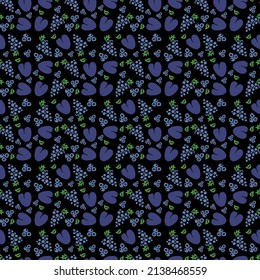 grape and plum on black background. vector food icons. Colored seamless pattern with blue fruit icons.