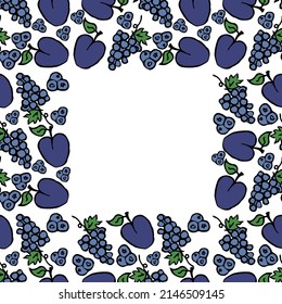 grape and plum on white background. vector food icons. Colored seamless pattern with blue fruit icons