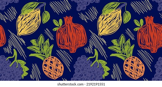 Trauben, Granatapfel, Zitrone und Ananas. Fruchtbündel nahtloses Muster. Farbvektorgrafik-Set. Pen- oder Markerdoodyzeichnung