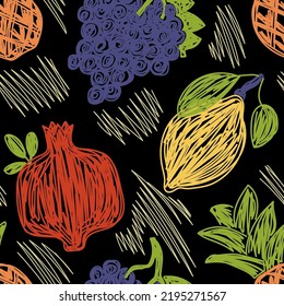 Grape, pomegranate, lemon and pineapple. Fruit bundle seamless pattern. Color vector illustration set. Pen or marker doodle drawing