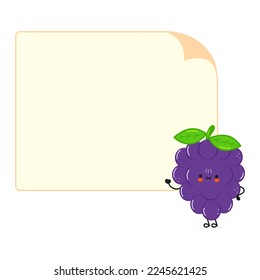 Carácter de afiche de uva. Dibujo a mano vectorial en la ilustración del personaje kawaii. Fondo blanco aislado. Uva y afiche
