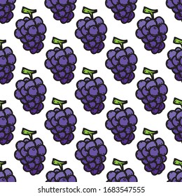 grape purple fruit doodle line style seamless pattern white background. Vector illustration