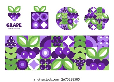 Plano de fundo geométrico roxo-uva com elementos de logotipo em uma ilustração vetorial