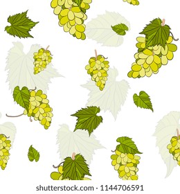 Grape seamless pattern with bunches of ripe green grapes and leaves on a white background. Bright color background for the  cards, paper wrapper and other objects. Hand drawing vector illustration.

