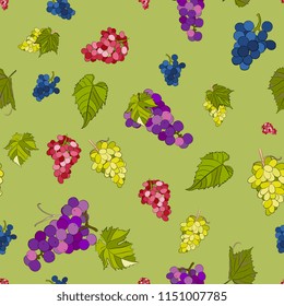 Grape seamless pattern with bunches of ripe  grapes and leaves on a green background. Bright color background for the  cards, paper wrapper and other objects. Hand drawing vector illustration