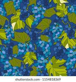Grape seamless pattern with bunches of ripe blue grapes and leaves. Bright color background for the Easter cards, paper wrapper and other objects. Hand drawing vector illustration. 