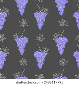 Grape seamless pattern on gray background, white contour doodle drawing of grape purple berries and leaves.