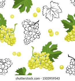 Grape seamless pattern on white background. Vector illustration of сolor and black and white berries. Vector outline and silhouette contour image.