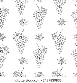 Grape seamless pattern on white background, contour doodle drawing of grape berries and leaves.