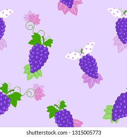 grape seamless pattern with purple grapes and leaves ,fresh fruit background.