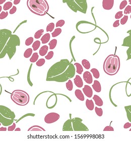 Grape Seamless Pattern. Ripe Grapevine With Stone Seed And Leaves On White Background. Can Be Used For Wallpaper, Fabric, Wrapping Paper Or Decoration. Vector Hand Drawn Illustration