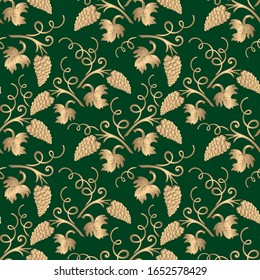 Grape. Seamless pattern. Vine branch, gold and green background drawing. Wallpaper, fabric, packaging