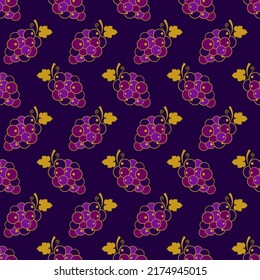 Grape seamless pattern in vintage style. Grape bunches retro color palette, golden leaf and violet grape. Vintage design for print on fabric, wallpaper, wrapping paper, packing. Vector illustration