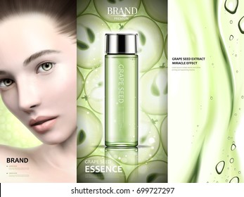 Grape seed ads design, charming model with grape seed essence and gel texture in 3d illustration, green tone