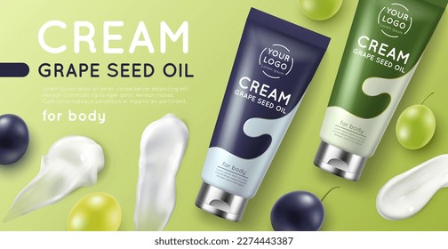 Grape seed cosmetics poster. Realistic beauty product banner, fruit extract body cream, tubes form packaging design, 3d isolated elements, product ad. Face moisturizer utter vector concept