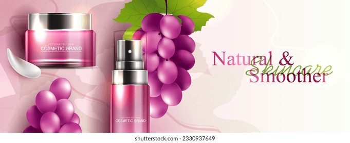 Grape seed cosmetics or skin care product ads with bottle, banner ad for beauty products, leaf and grape on background glittering light effect. vector design.