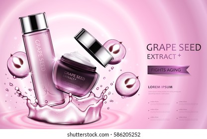 Grape Seed Extract Cosmetic Ads, Beautiful Containers With Ingredients And Splashing Water Elements In 3d Illustration