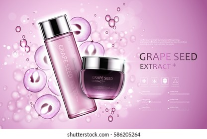 Grape Seed Extract, Cosmetic Ads With Grape Seed And Bubbles Elements In 3d Illustration