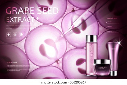 Grape Seed Extract, Cosmetic Ads With Grape Seed Background And Purple Containers Set In 3d Illustration