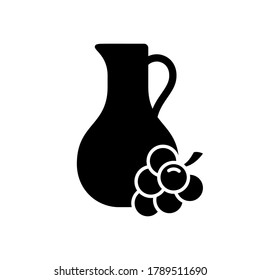 Grape seed oil, silhouette logo. Outline icon of jug with bunch of grapes. Organic ingredient in cosmetics. Healthy vegetable oil. Black illustration for eco product packaging. Flat isolated vector